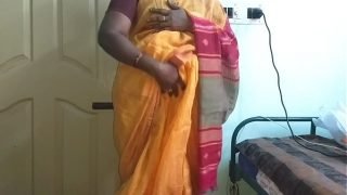 desi  indian horny tamil telugu kannada malayalam hindi cheating wife vanitha wearing orange colour saree  showing big boobs and shaved pussy press hard boobs press nip rubbing pussy masturbation Video